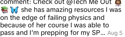Screenshot excerpt: student says they were on the edge of failing physics and passed because of the course.