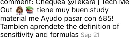 Screenshot excerpt: student says the study material helped them pass with 685.
