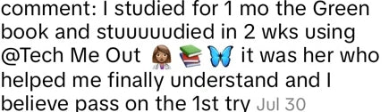 Screenshot excerpt: student says TMO helped them understand and pass on the first try.