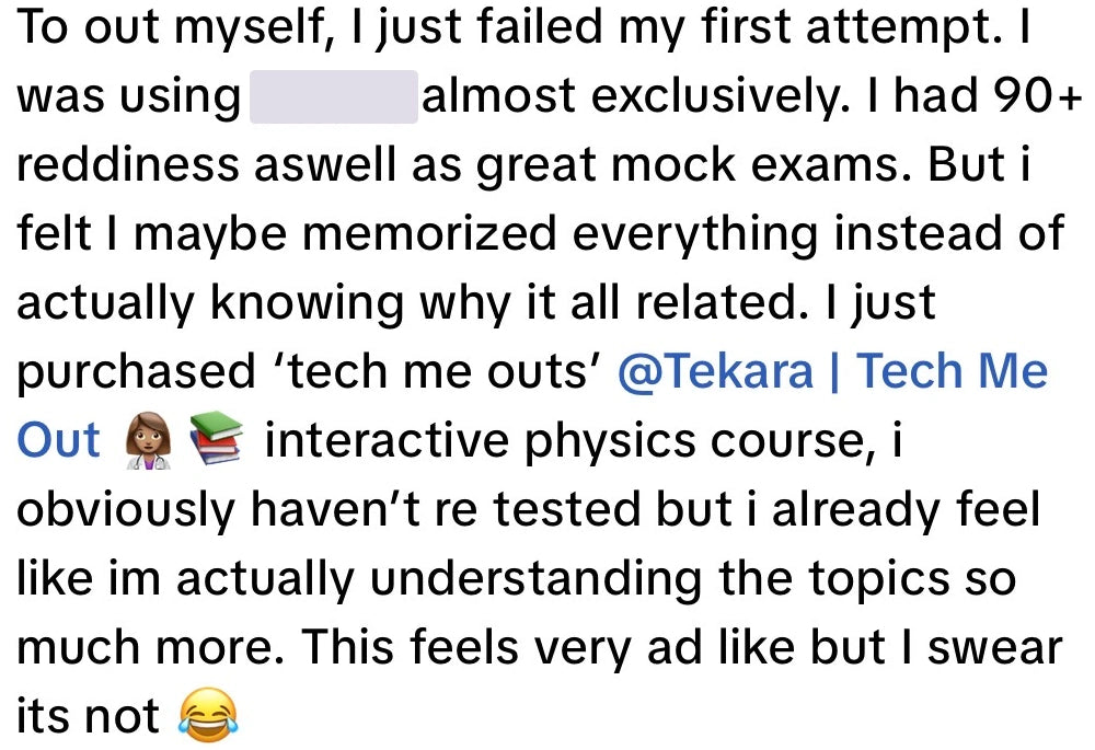 Screenshot excerpt: student has not retested yet but says they are understanding the topics more.