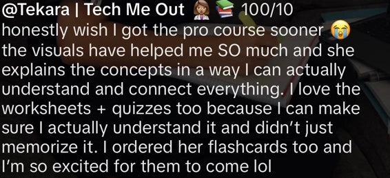 Screenshot excerpt of a student describing how TMO visuals, worksheets and quizzes helped them understand.